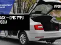 Biały liftback z otwartym bagażnikiem, w którym widać fioletową walizkę. Tekst na zdjęciu: "LIFTBACK – OPIS TYPU NADWOZIA".