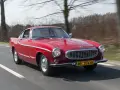 Czerwone Volvo P1800 sunie po drodze, otoczone drzewami. Klasyk z lat 60. w pełnej krasie.
