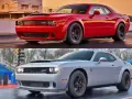 Dwa Dodge Challenger SRT Demon: czerwony w ruchu, srebrny na torze wyścigowym.