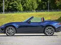 Granatowy roadster z brązowym wnętrzem, zaparkowany na tle zieleni.