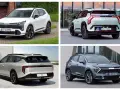Cztery różne modele kia suv: biały z przodu, jasnoszary z tyłu, srebrny z tyłu i szary z przodu.