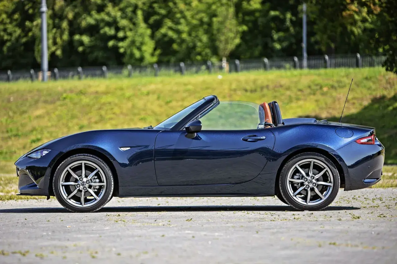 Granatowy roadster z brązowym wnętrzem, zaparkowany na tle zieleni.