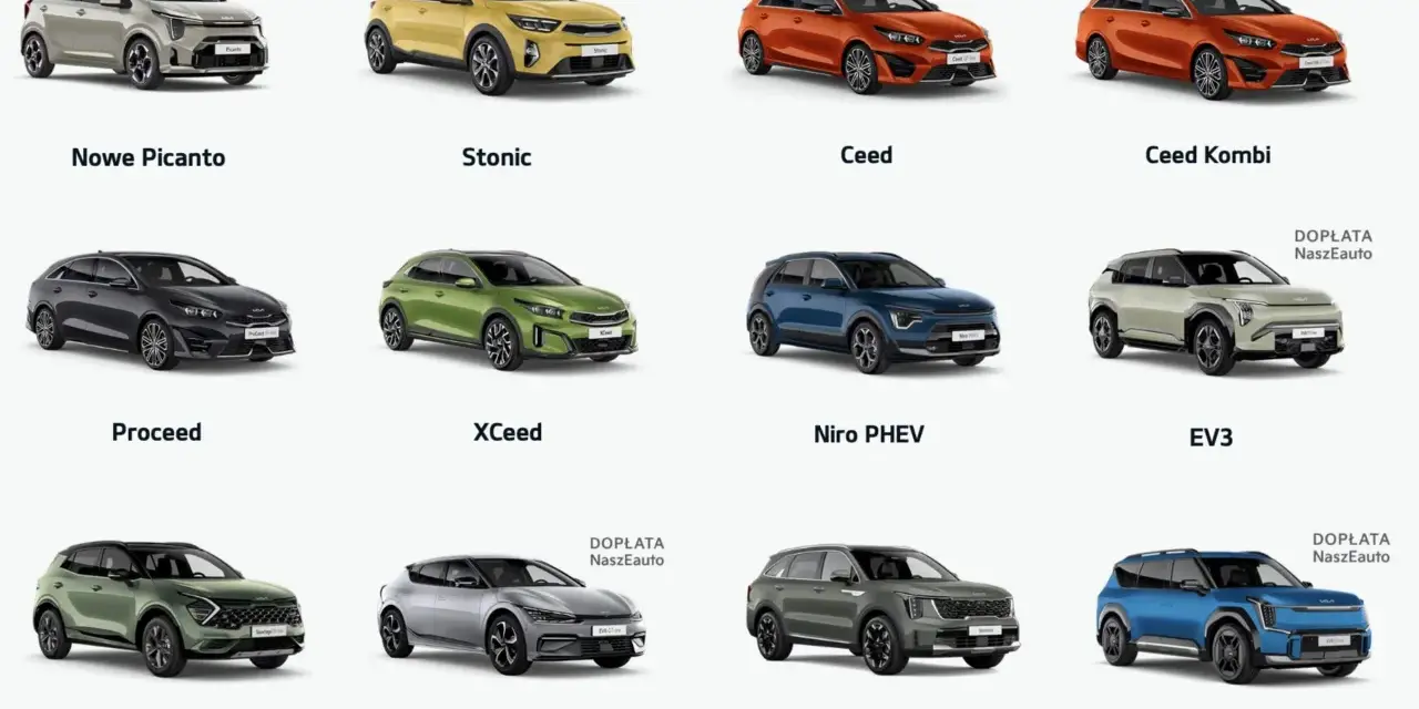 Różne modele Kia: Picanto, Stonic, Ceed, Proceed, XCeed, Niro PHEV, Sportage, EV6, EV3, EV9. Każdy **typ nadwozia** ma swój unikalny styl.