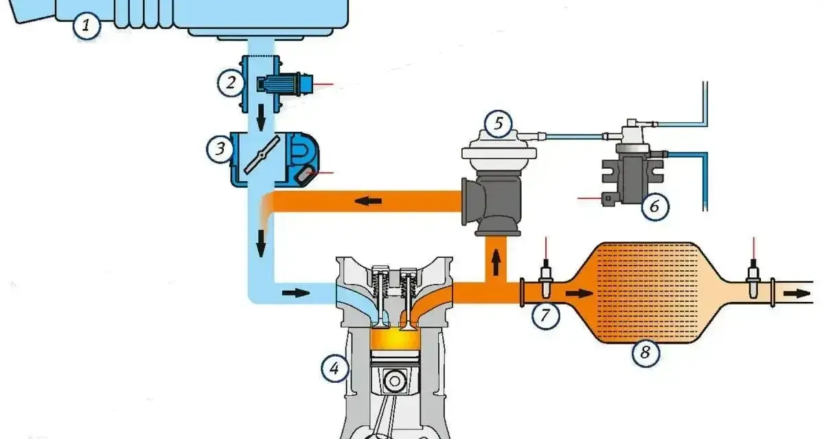Schemat układu recyrkulacji spalin. Widoczny zawór EGR (3) steruje przepływem gazów do cylindra (4).