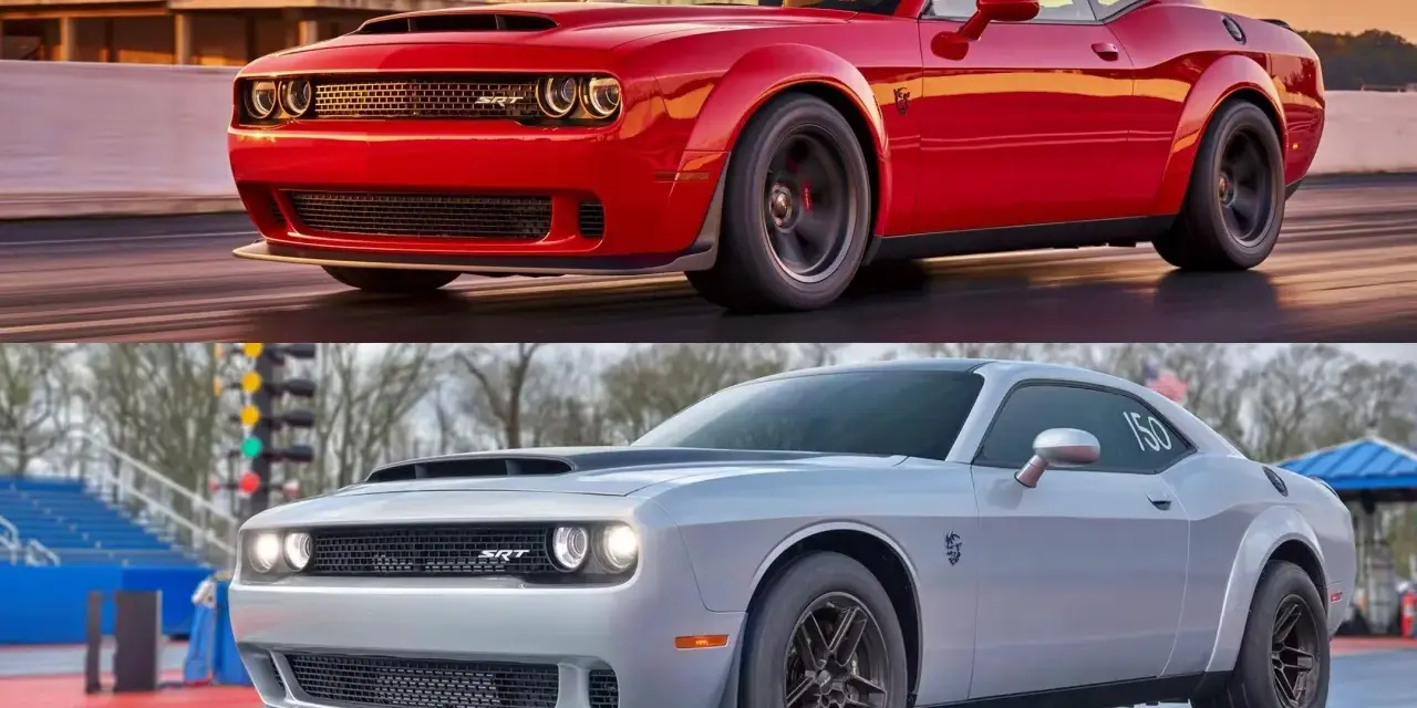 Dwa Dodge Challenger SRT Demon: czerwony w ruchu, srebrny na torze wyścigowym.