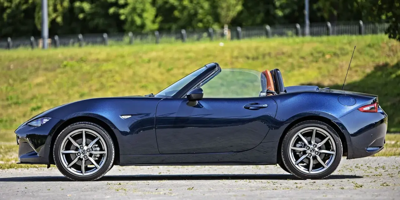Granatowy roadster z brązowym wnętrzem, zaparkowany na tle zieleni.