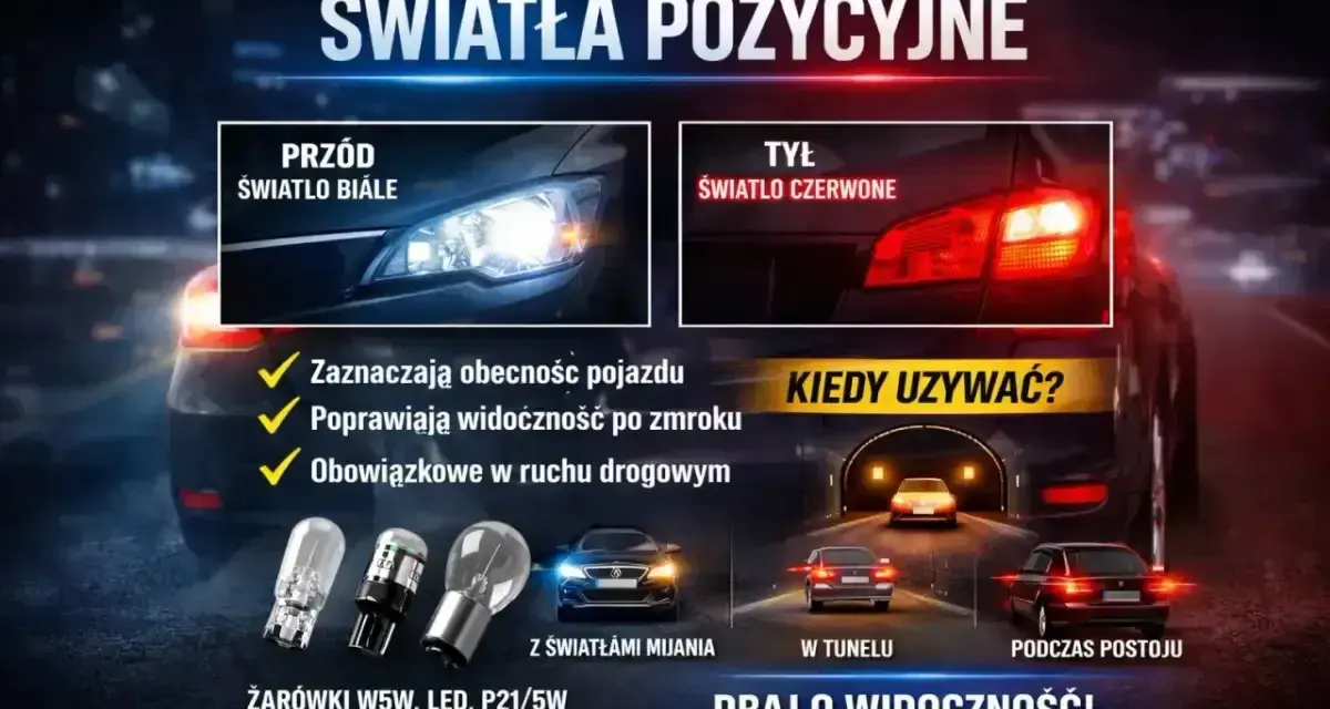 Światła pozycyjne: białe z przodu, czerwone z tyłu. Zapewniają widoczność i bezpieczeństwo na drodze, zwłaszcza w tunelu czy podczas postoju.