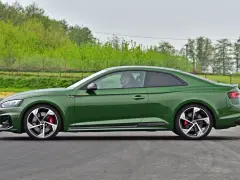 Zielony sportowy coupe z czerwonymi zaciskami hamulcowymi jedzie po torze.