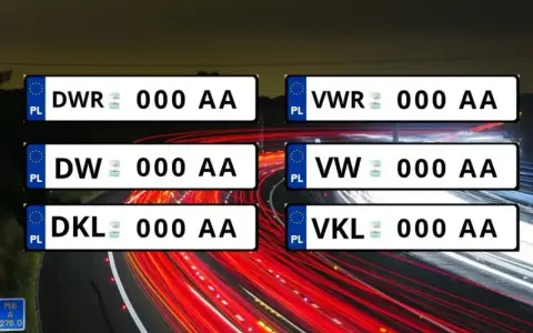 Przykładowe tablice rejestracyjne z literami DWR, DW, DKL, VWR, VW, VKL.