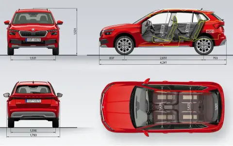 Skoda Kamiq wymiary: widok z przodu, boku, tyłu i z góry z zaznaczonymi wymiarami wnętrza i nadwozia.