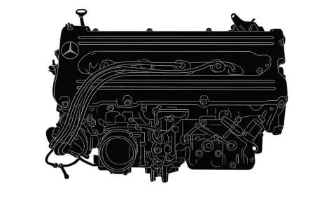Silnik OM606, czarny z białymi liniami, z logo Mercedesa.