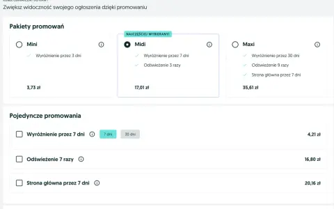 Ile kosztuje wystawienie samochodu na OLX? Sprawdź pakiety promowań: Mini (3,73 zł), Midi (17,01 zł), Maxi (35,61 zł) i pojedyncze opcje.
