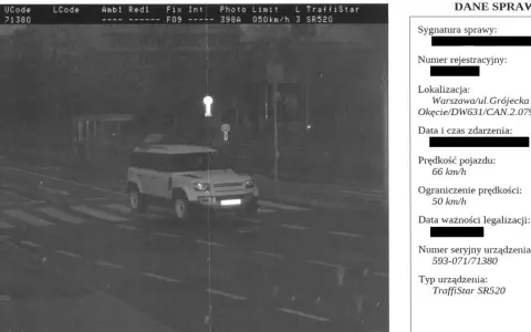Biały Land Rover Defender przekracza pasy na Grójeckiej w Warszawie. Mandat z fotoradaru za jazdę 66 km/h przy ograniczeniu do 50 km/h.