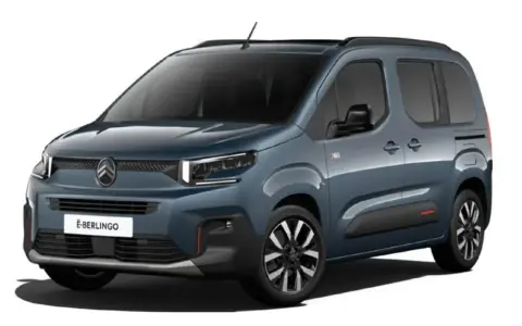 Niebieski E-Berlingo z nowoczesnym przodem i czarnymi felgami. Idealny do rodzinnych podróży.