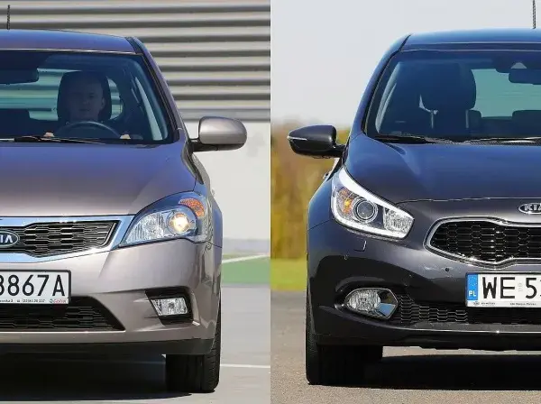 Dwa samochody Kia Ceed 1.6 CRDi stoją obok siebie, jeden brązowy, drugi ciemnoszary.