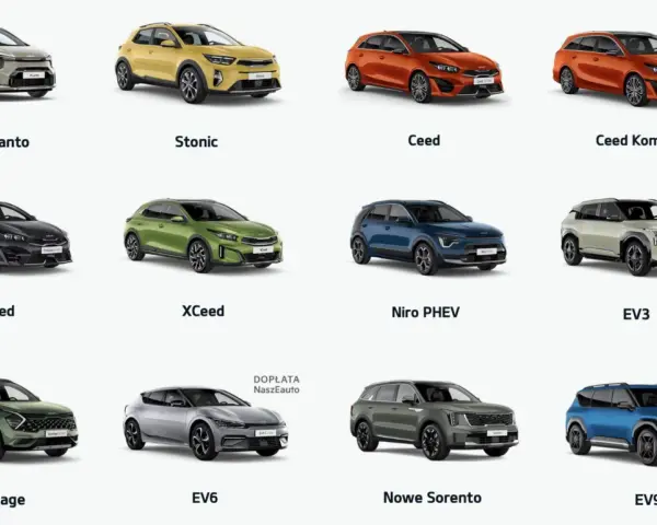Różne modele Kia: Picanto, Stonic, Ceed, Proceed, XCeed, Niro PHEV, Sportage, EV6, EV3, EV9. Każdy **typ nadwozia** ma swój unikalny styl.