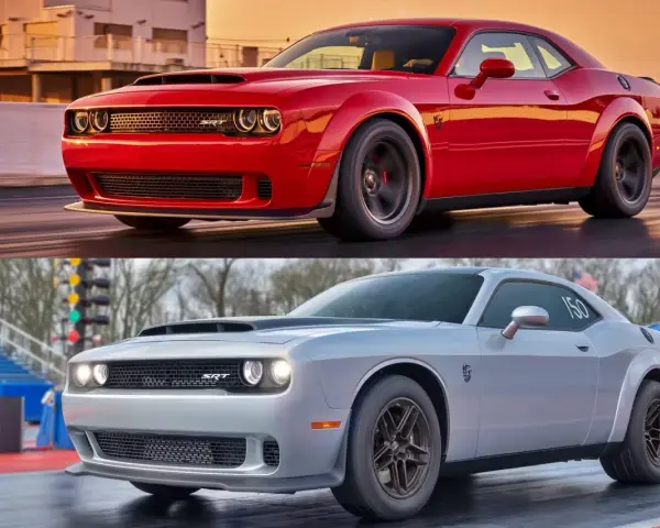 Dwa Dodge Challenger SRT Demon: czerwony w ruchu, srebrny na torze wyścigowym.