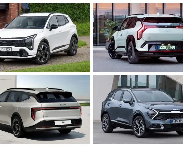 Cztery różne modele kia suv: biały z przodu, jasnoszary z tyłu, srebrny z tyłu i szary z przodu.