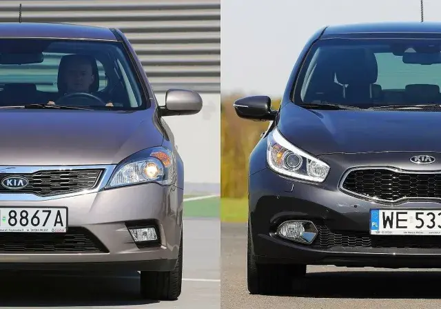 Dwa samochody Kia Ceed 1.6 CRDi stoją obok siebie, jeden brązowy, drugi ciemnoszary.