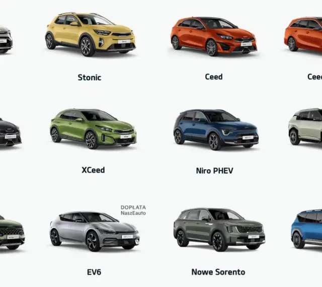 Różne modele Kia: Picanto, Stonic, Ceed, Proceed, XCeed, Niro PHEV, Sportage, EV6, EV3, EV9. Każdy **typ nadwozia** ma swój unikalny styl.