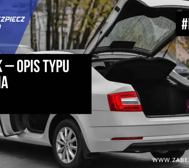 Biały liftback z otwartym bagażnikiem, w którym widać fioletową walizkę. Tekst na zdjęciu: "LIFTBACK – OPIS TYPU NADWOZIA".