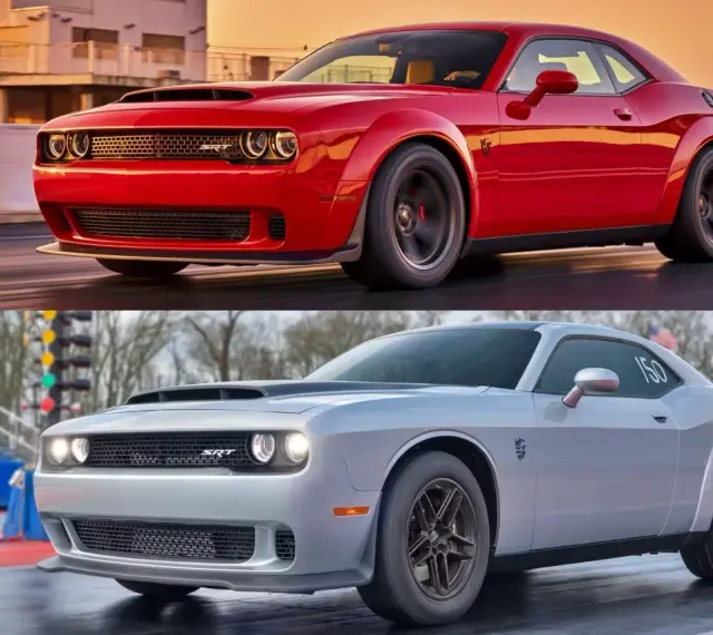 Dwa Dodge Challenger SRT Demon: czerwony w ruchu, srebrny na torze wyścigowym.