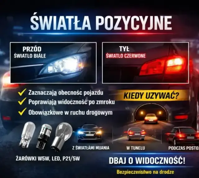 Światła pozycyjne: białe z przodu, czerwone z tyłu. Zapewniają widoczność i bezpieczeństwo na drodze, zwłaszcza w tunelu czy podczas postoju.
