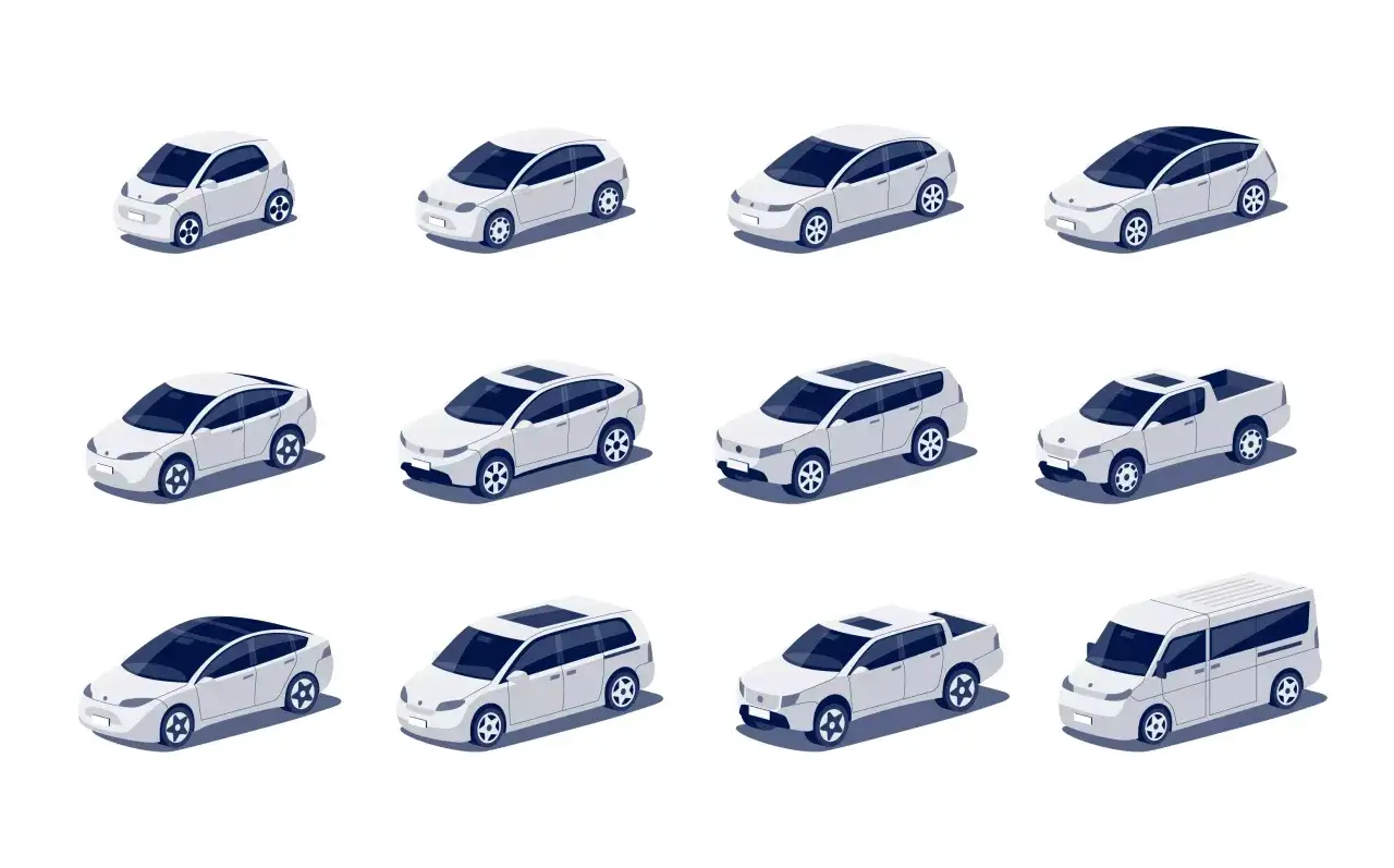 Różne modele samochodów: miejski, hatchback, kombi, SUV, pickup, van. Każdy typ nadwozia prezentuje się inaczej.