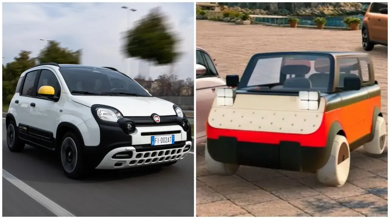 Biały Fiat Panda 3 na drodze i jego futurystyczna, kolorowa wersja koncepcyjna.
