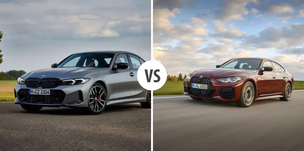 Dwa modele BMW: szare BMW Serii 3 i czerwone BMW Gran Coupe, porównane na tle nieba.