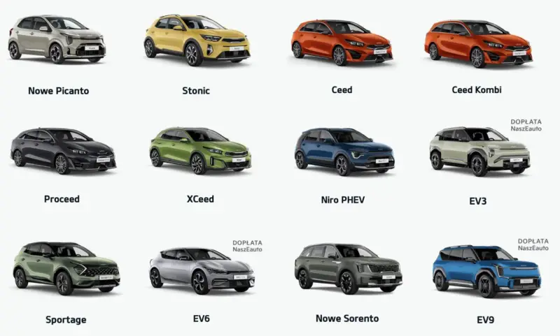Różne modele Kia: Picanto, Stonic, Ceed, Proceed, XCeed, Niro PHEV, Sportage, EV6, EV3, EV9. Każdy **typ nadwozia** ma swój unikalny styl.