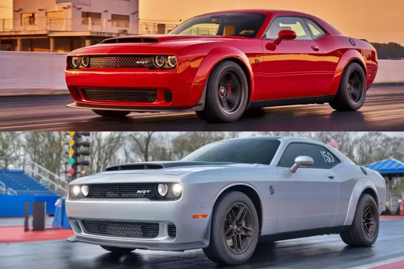 Dwa Dodge Challenger SRT Demon: czerwony w ruchu, srebrny na torze wyścigowym.