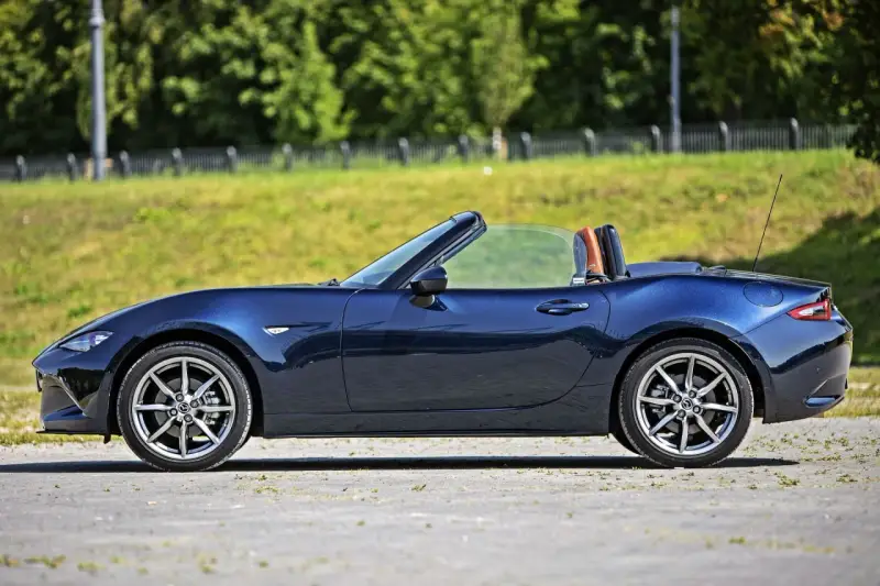 Granatowy roadster z brązowym wnętrzem, zaparkowany na tle zieleni.