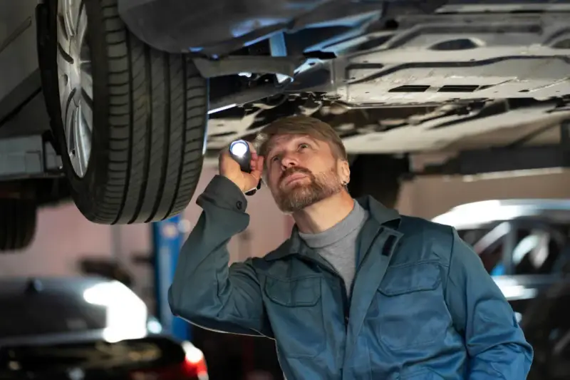 Mechanik z latarką bada podwozie auta, szukając problemów z jarzmem hamulca.