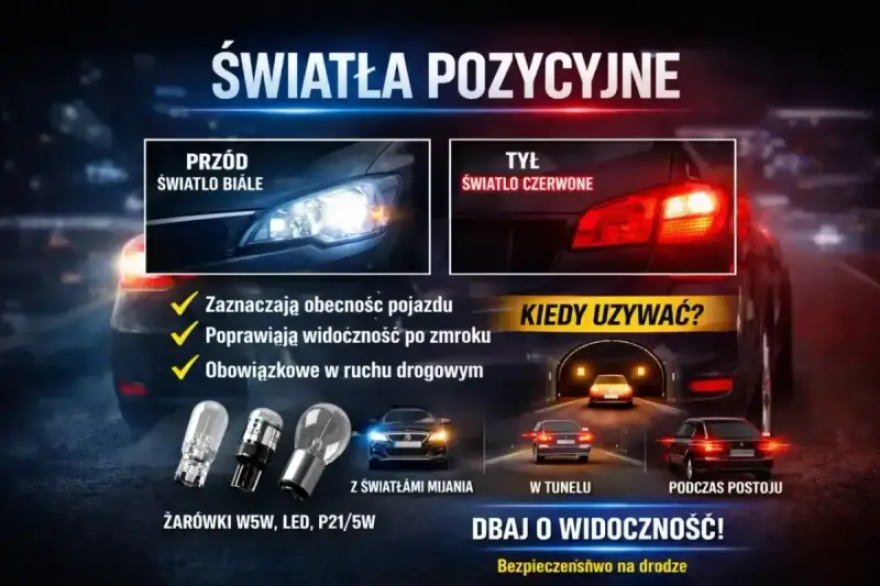 Światła pozycyjne: białe z przodu, czerwone z tyłu. Zapewniają widoczność i bezpieczeństwo na drodze, zwłaszcza w tunelu czy podczas postoju.